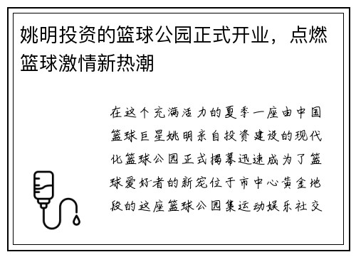 姚明投资的篮球公园正式开业，点燃篮球激情新热潮