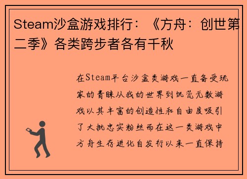 Steam沙盒游戏排行：《方舟：创世第二季》各类跨步者各有千秋