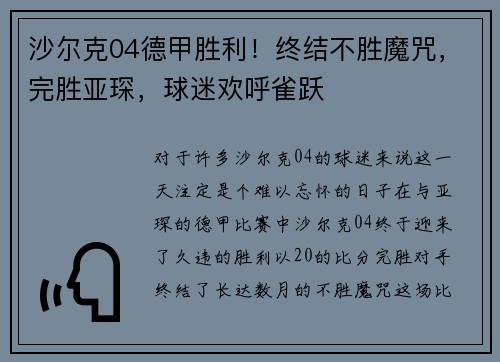 沙尔克04德甲胜利！终结不胜魔咒，完胜亚琛，球迷欢呼雀跃