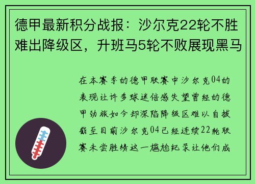 德甲最新积分战报：沙尔克22轮不胜难出降级区，升班马5轮不败展现黑马本色