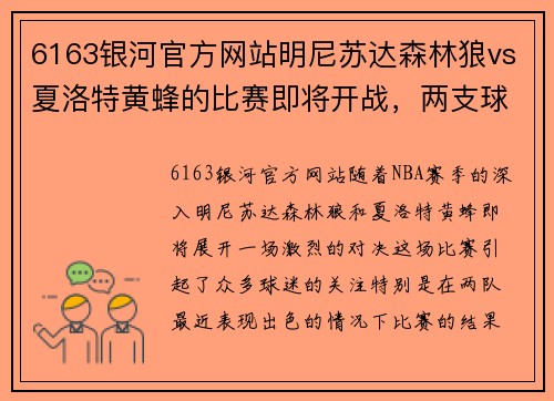 6163银河官方网站明尼苏达森林狼vs夏洛特黄蜂的比赛即将开战，两支球队实力对比如何？