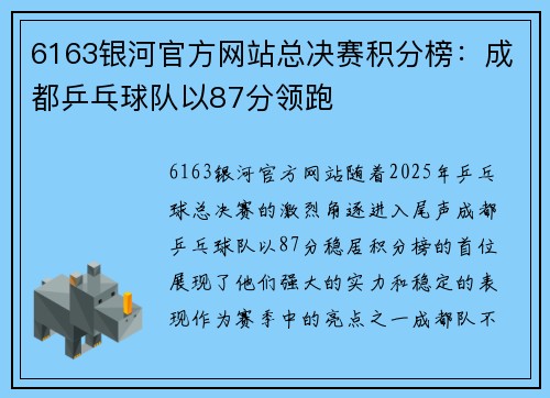 6163银河官方网站总决赛积分榜：成都乒乓球队以87分领跑