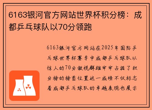 6163银河官方网站世界杯积分榜：成都乒乓球队以70分领跑